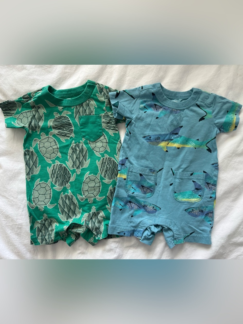 Tea Collection 9-12 Month Green Turtle and Blue Shark Baby Romper Lot
